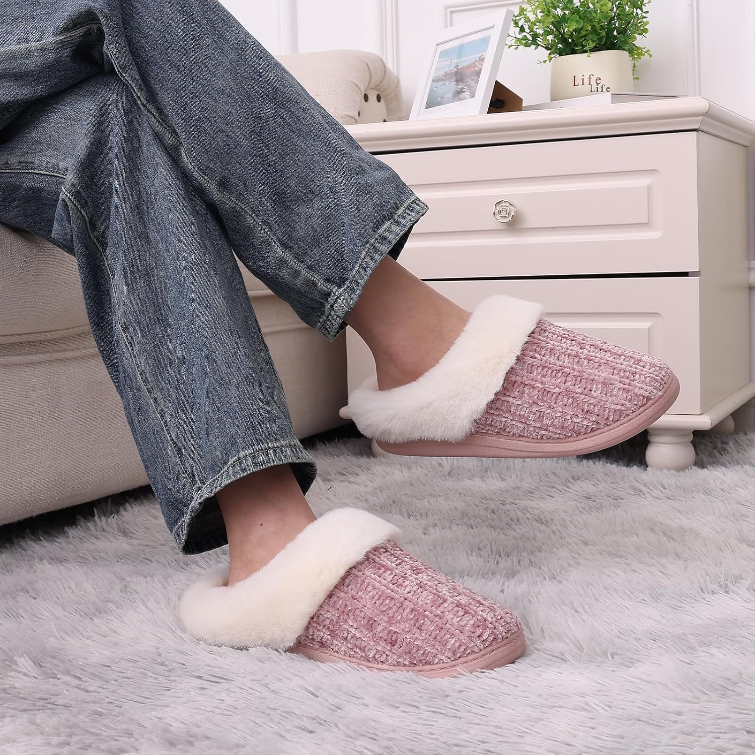 Women's Cozy Chenille House Slippers with Fleece Lining, Memory Foam, and Versatile Indoor/Outdoor Soles