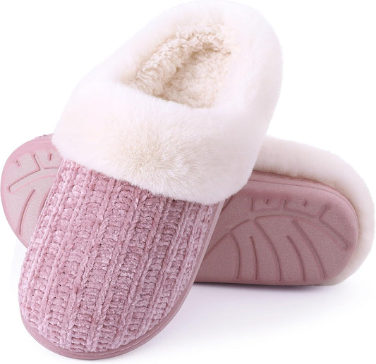 Women's Cozy Chenille House Slippers with Fleece Lining, Memory Foam, and Versatile Indoor/Outdoor Soles