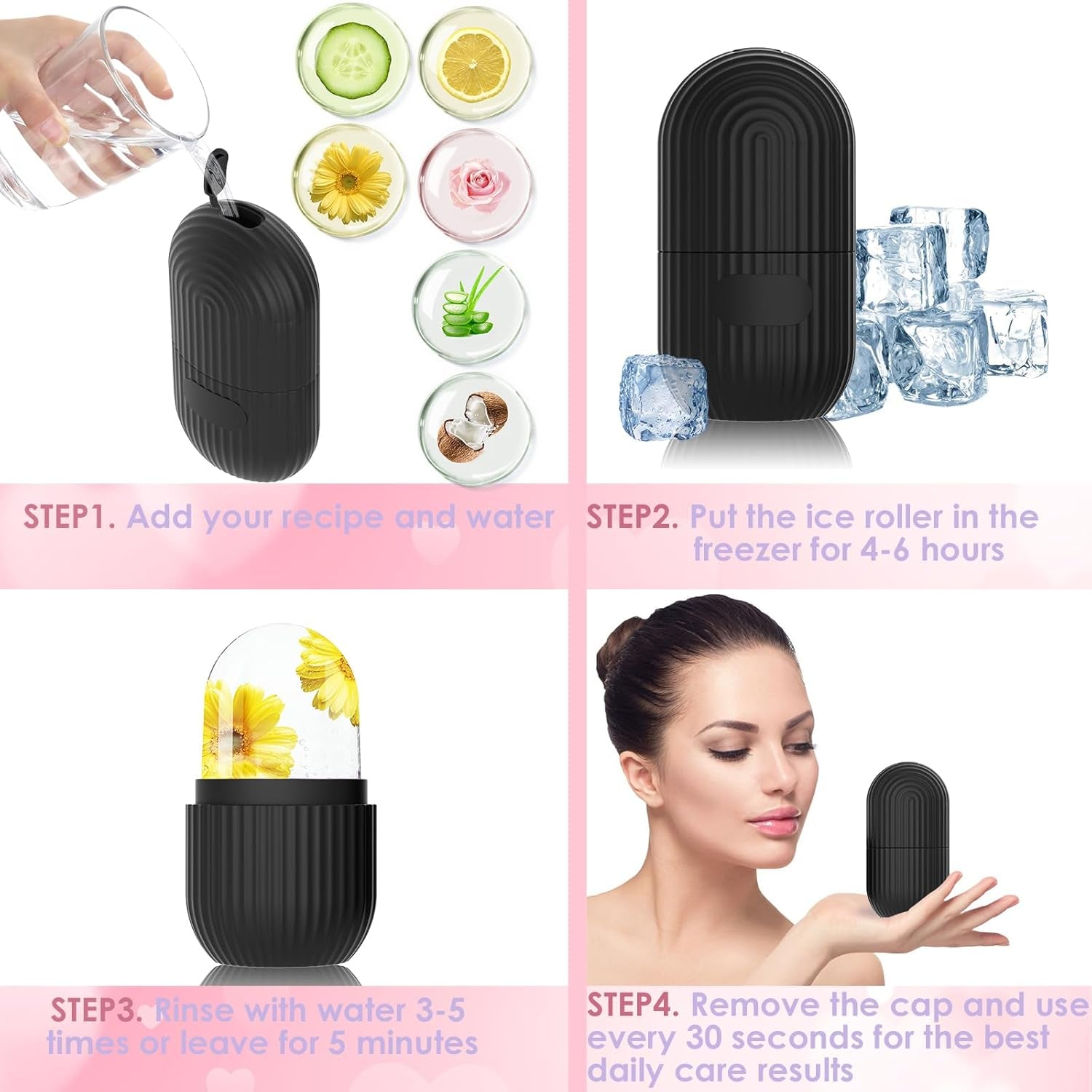 Silicone Ice Facial Roller - Contouring Tool for Eyes and Neck with Soft Cleaning Brush, Firming Massage Brush (Black)