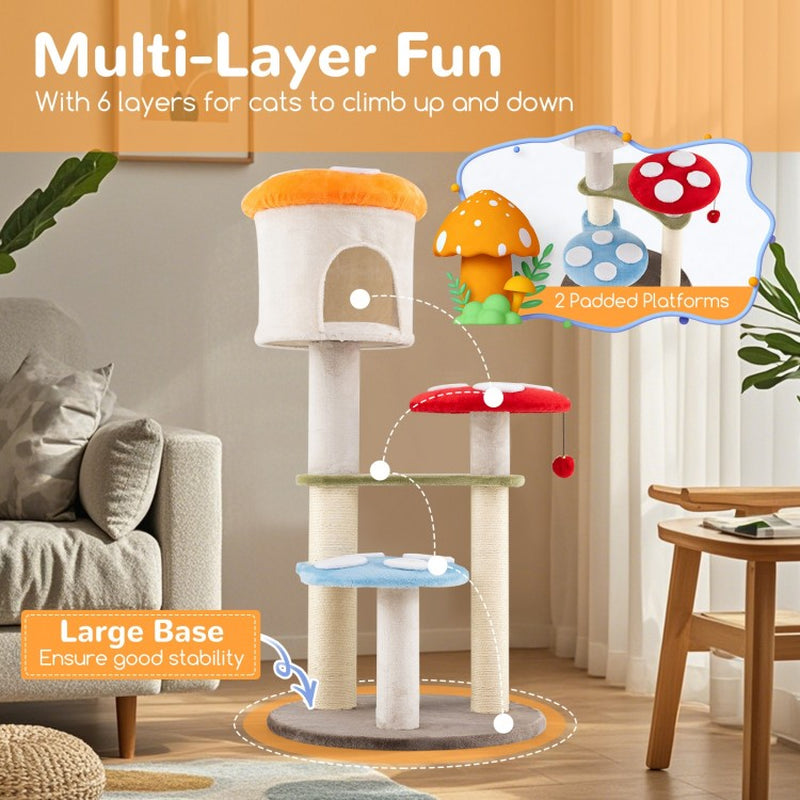  Mushroom Cat Tree with Sisal Scratching Posts Top Condo and Padded Platforms
