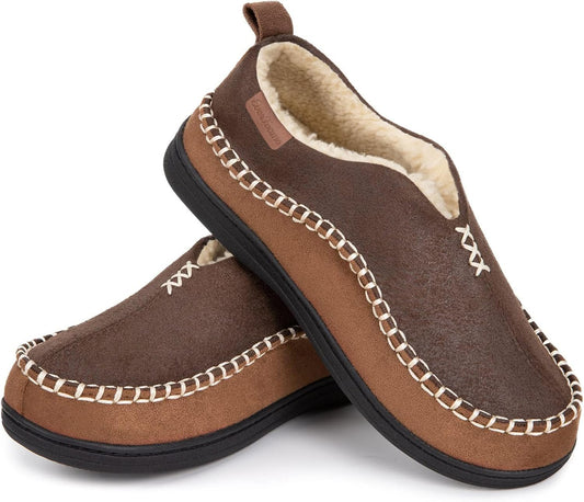 Men's Suede Moccasin Slippers with Memory Foam and Fuzzy Sherpa Lining
