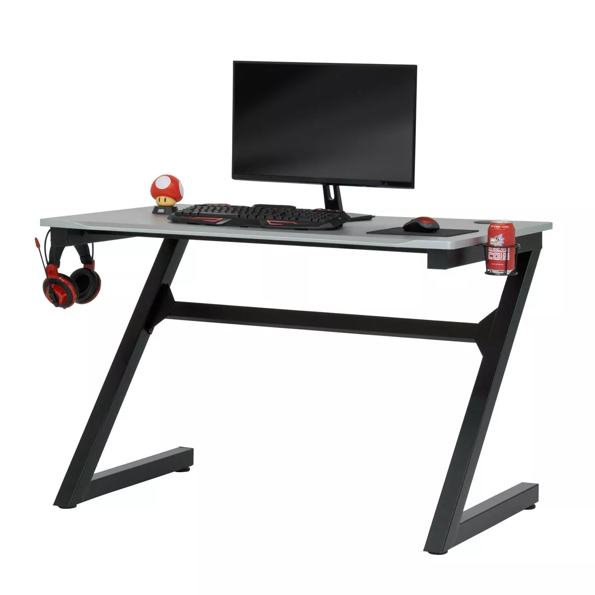 Zone Gaming Table Black/Silver - PC Desk with Charging Station & Cup Holder