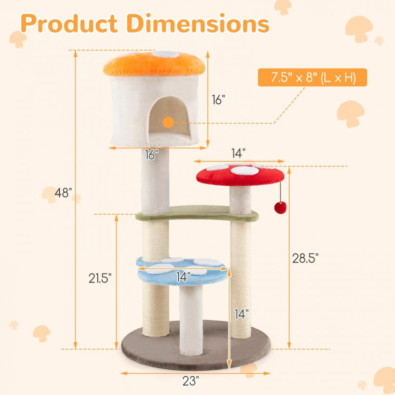  Mushroom Cat Tree with Sisal Scratching Posts Top Condo and Padded Platforms