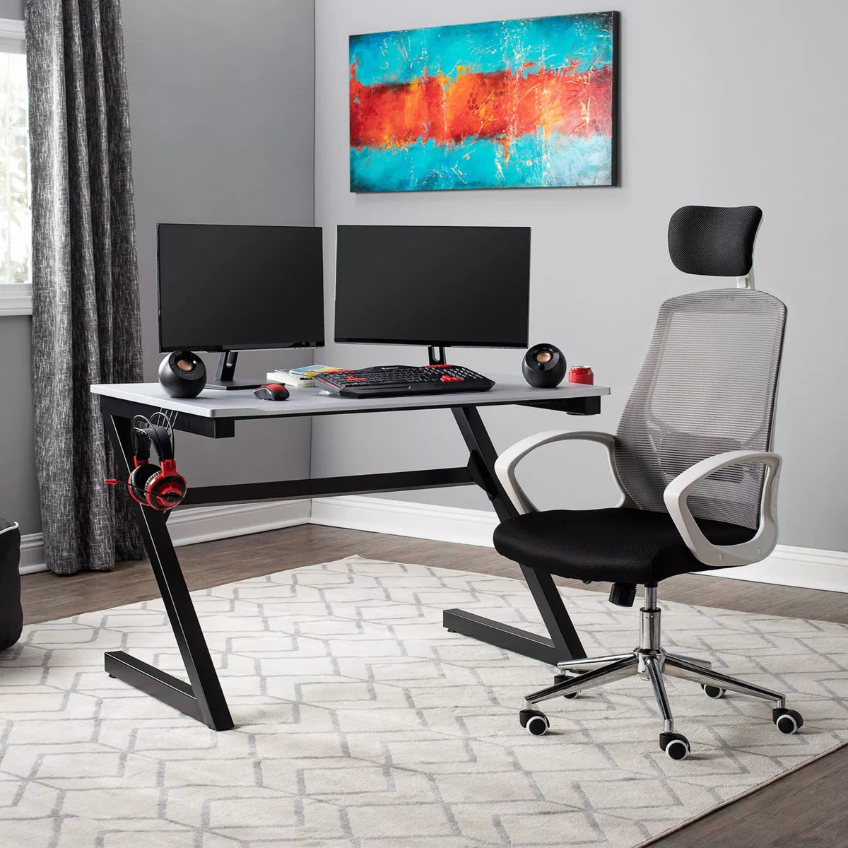 Zone Gaming Table Black/Silver - PC Desk with Charging Station & Cup Holder