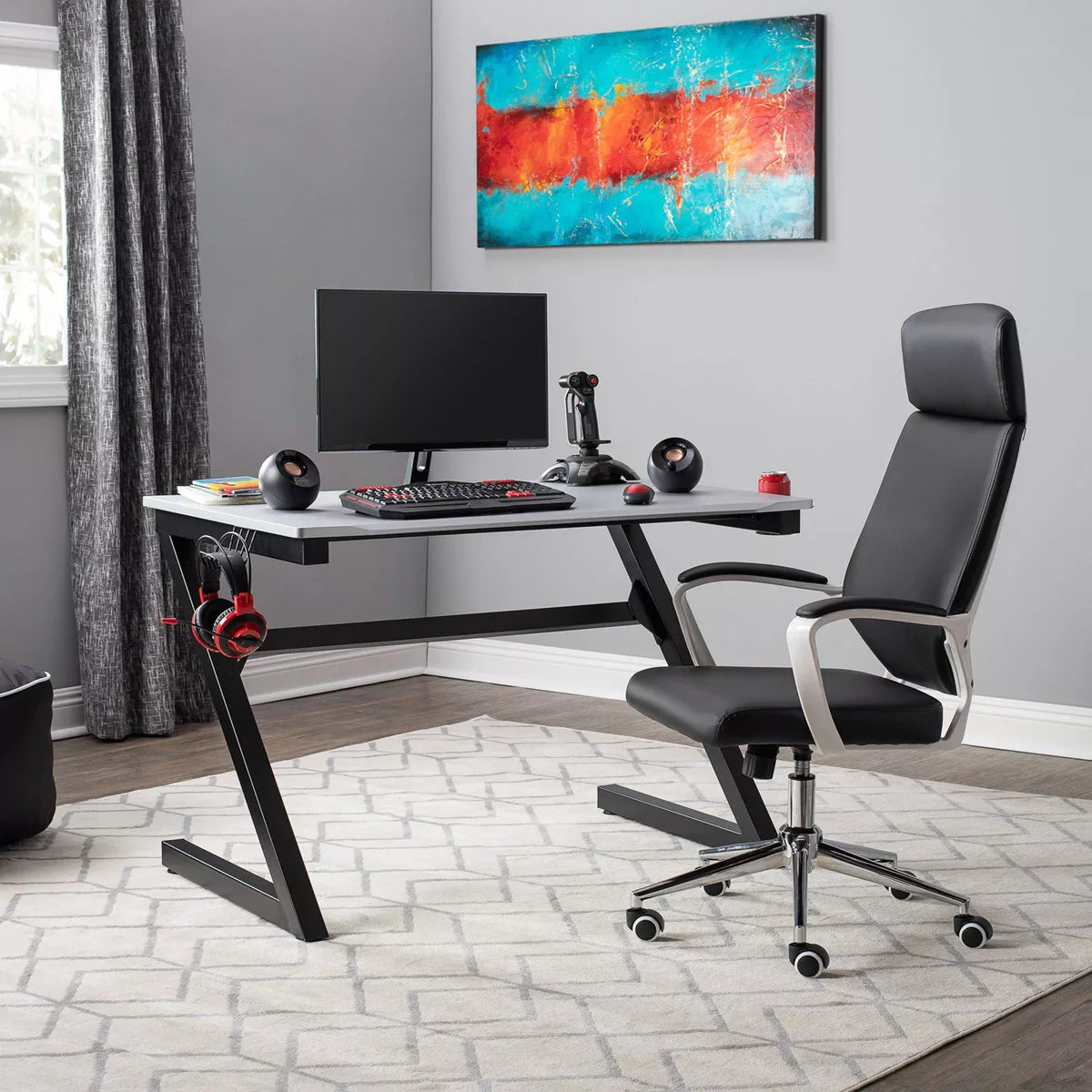 Zone Gaming Table Black/Silver - PC Desk with Charging Station & Cup Holder