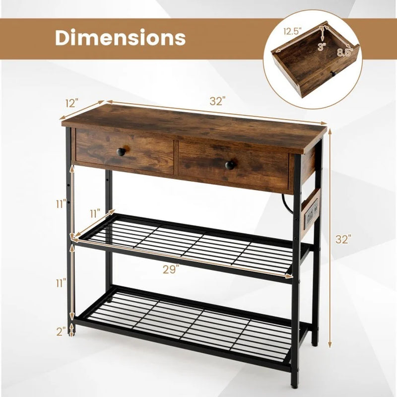 Narrow Console Table Featuring Two Drawers and Dual Metal Mesh Shelves