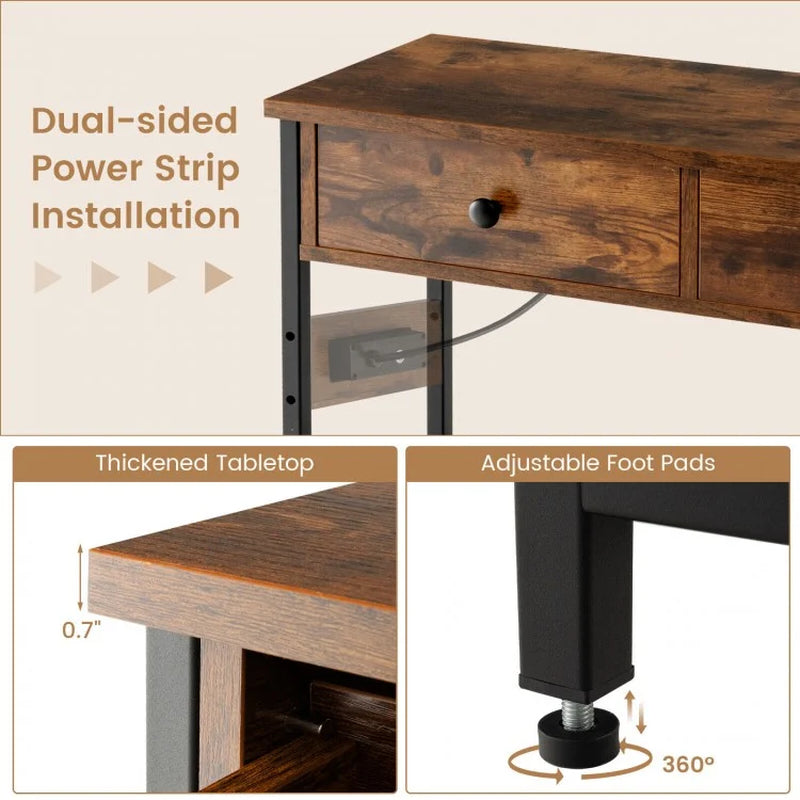 Narrow Console Table Featuring Two Drawers and Dual Metal Mesh Shelves