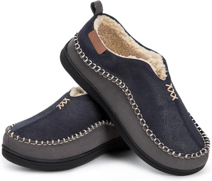 Men's Suede Moccasin Slippers with Memory Foam and Fuzzy Sherpa Lining