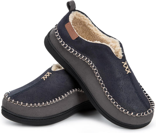 Men's Suede Moccasin Slippers with Memory Foam and Fuzzy Sherpa Lining